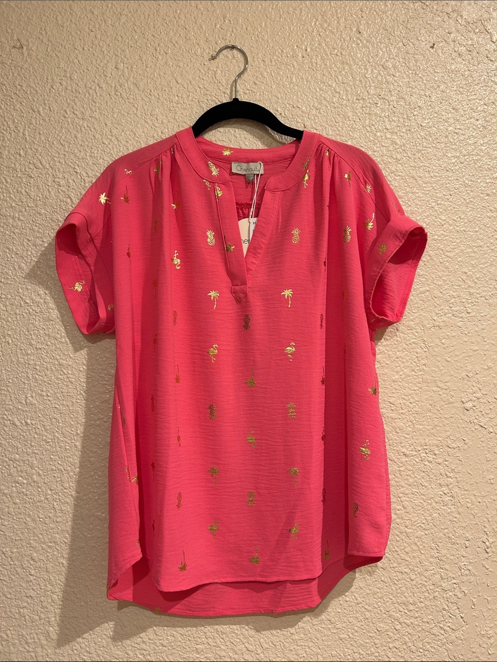 Chenault Coral Pink Short Sleeve V-Neck Blouse with Gold Pineapple Motif
